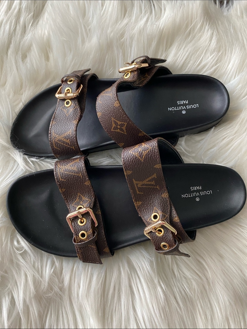 Louis Vuitton Monogram Double Buckle Slides - Brown & Black with Gold Hardware - Picture 10 of 10